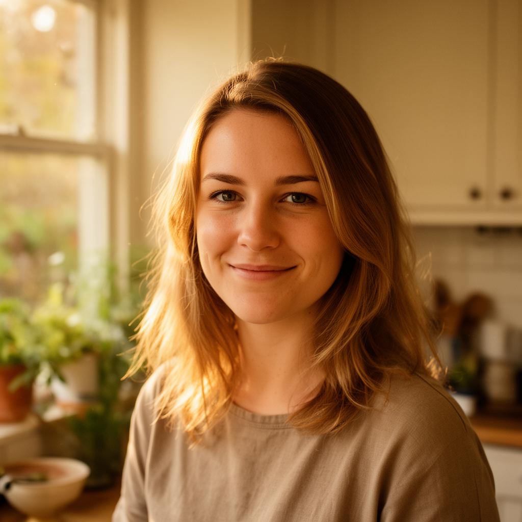 Sarah, a Connectea companion, smiling in a sunlit kitchen