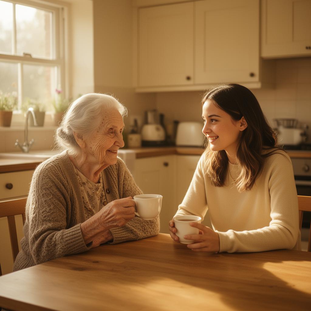An older woman and a younger woman sharing a cup of tea at a sunlit kitchen table